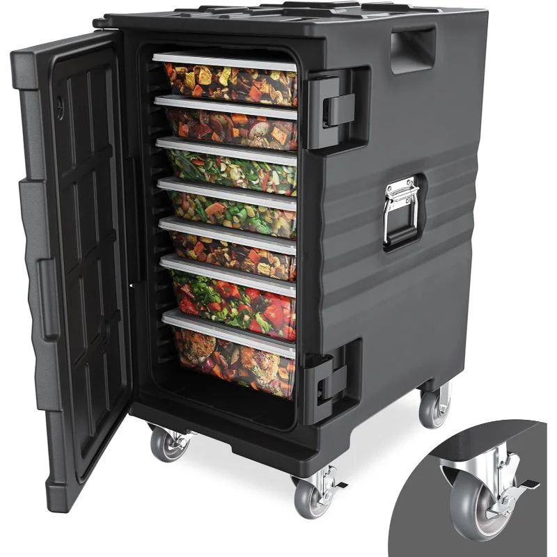Hot Box Food Warmer, Insulated Food Pan Carrier w/Lockable Wheels Double Buckles and Handles, Stackable Hot Boxes for Catering Restaurant Canteen Family Party Black 109QT