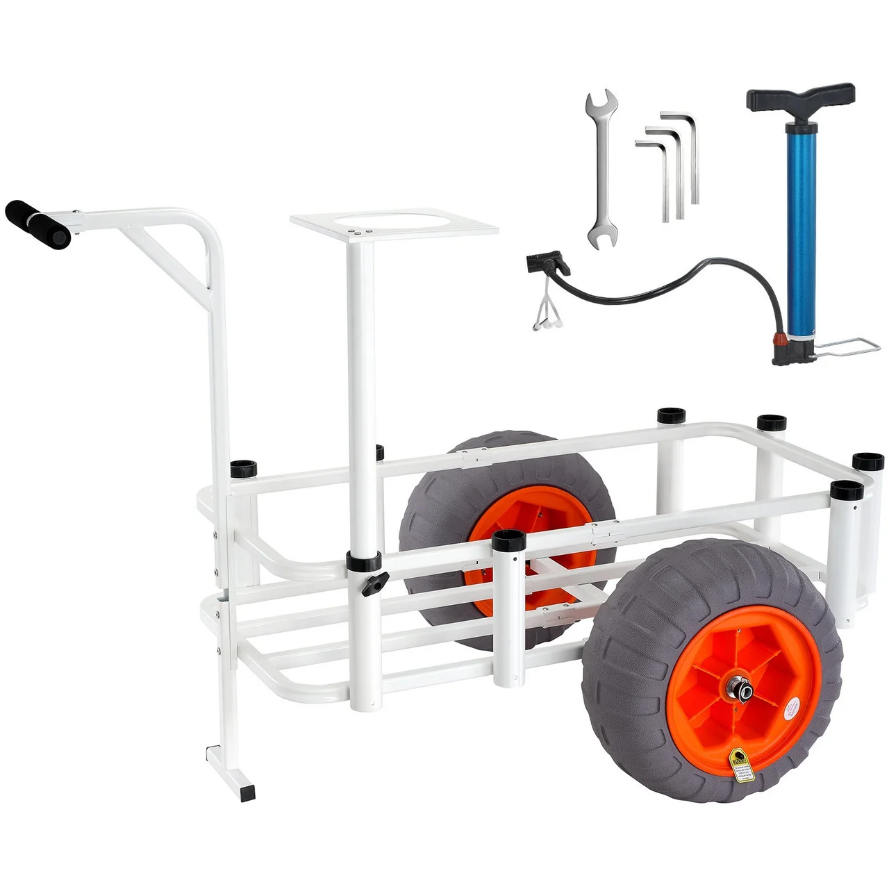 Beach Fishing Cart, 350 lbs Load Capacity, Fish and Marine Cart with Two 16" Big Wheels PU Balloon Tires for Sand, Heavy-Duty Aluminum Pier Wagon Trolley with 8 Rod Holders for Fishing, Picnic