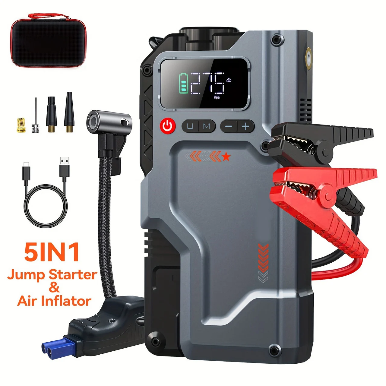 5000A Portable Jump Starter with 150PSI Air Compressor, Digital Display & Type-C Fast Charging Durable Insulated Car Battery Charger for 2.64gal Gas or 2.38gal Diesel Engines, Includes Red/Black Cables and Inflation Hose, Black Color