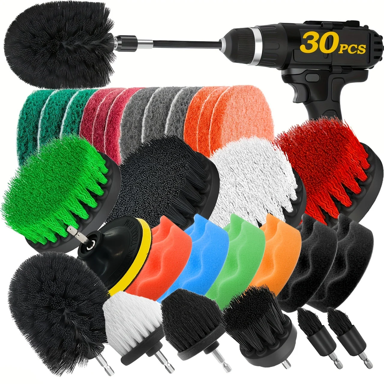 30pcs Drill Brush Attachments Set, Power Scrubber with Extension, Car Polishing Kit, Black, Scrub Pads & Sponges, Buffing Pads, Cleaning Supplies for Shower Scrubbing, Tile and Grout Brushes Black