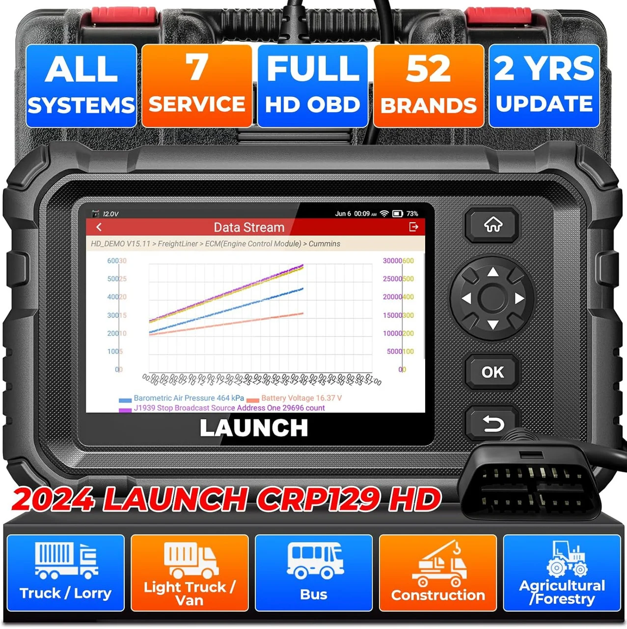 HD Heavy Duty Truck Scanner, 2024 Full System Diesel Diagnostic Scan Tool Code Reader, 7 Resets with Oil Reset DPF Regen for Cummins, Detroit, Caterpillar, Paccar & More, 2 Years Update