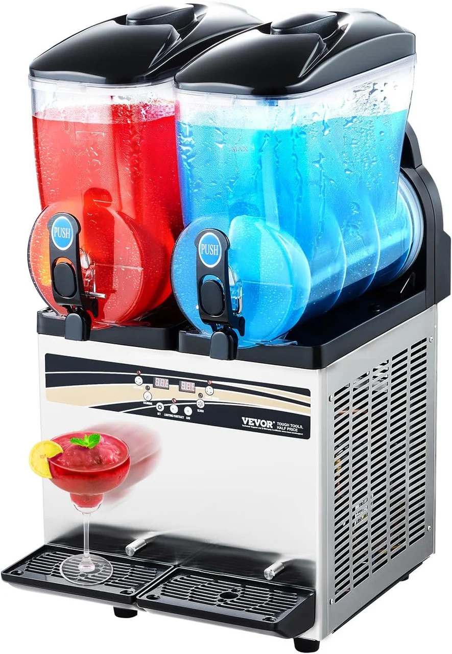 Commercial Slushy Machine 110V 400W Stainless Steel Margarita Smoothie Frozen Drink Maker Suitable Perfect for Ice Juice Tea Coffee Making, 15L x 2 Tank