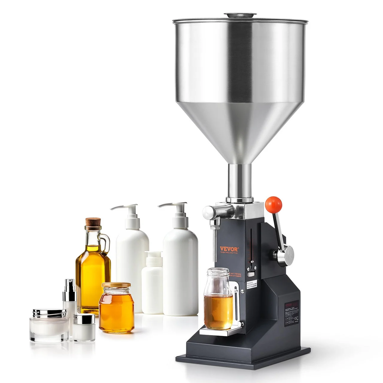Manual Paste Liquid Filling Machine, 5-100ml Bottle Filler, Adjustable Bottle Filling Machine, Stainless Steel Liquid Filler with Hopper for Milk Water Juice Essential Oil Shampoo Cosmetic Honey