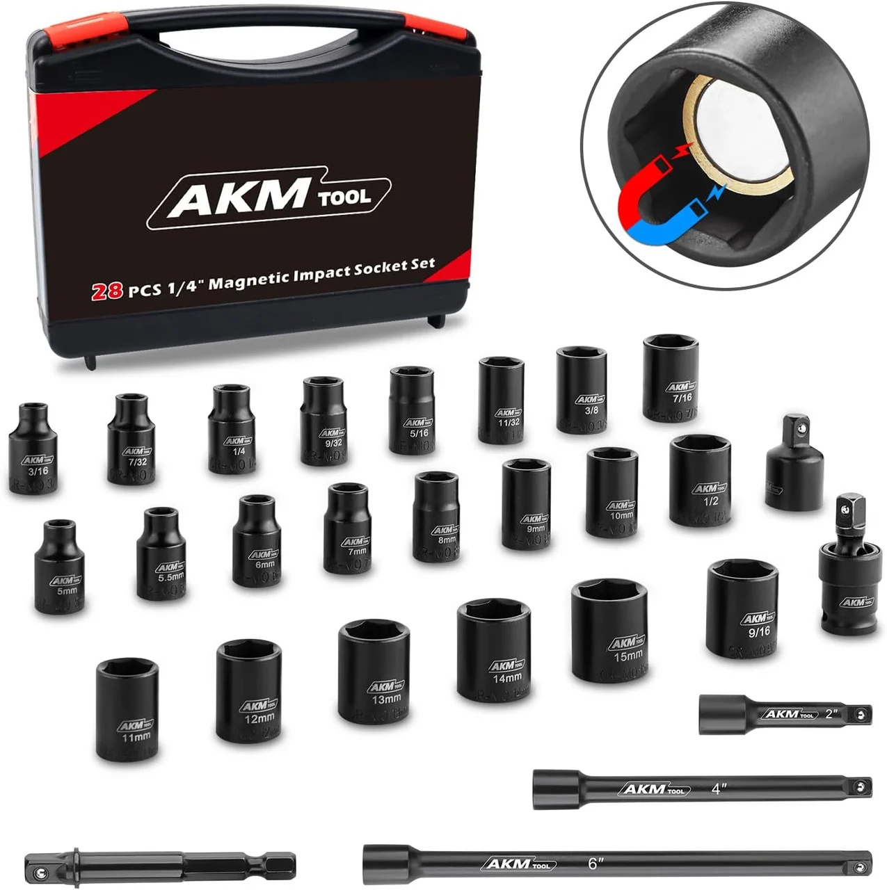 1/4 Inch Drive Magnetic Impact Socket Set, 28-Piece SAE/Metric, 1/4 Inch-9/16 Inch, 5mm-15mm, 6 Point, Cr-Mo, Square Drive, with Impact Socket Adapter, Universal Joint & Extension