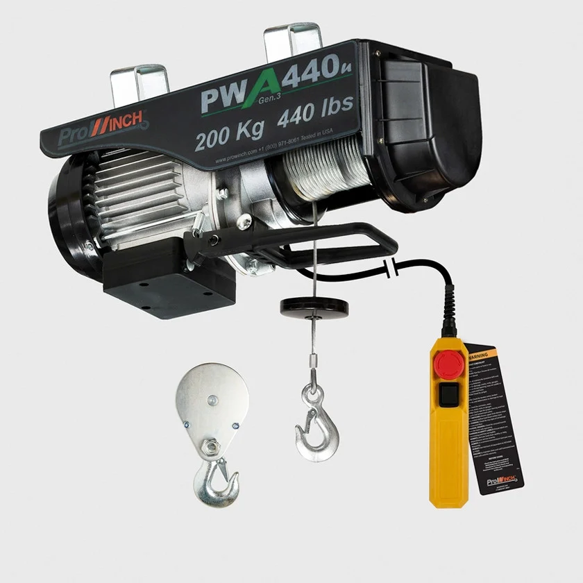 440 lb 110V Electric Wire Rope Hoist 38 ft. Wireless Upper and Lower Limit Switches H1 Duty PWA440u
