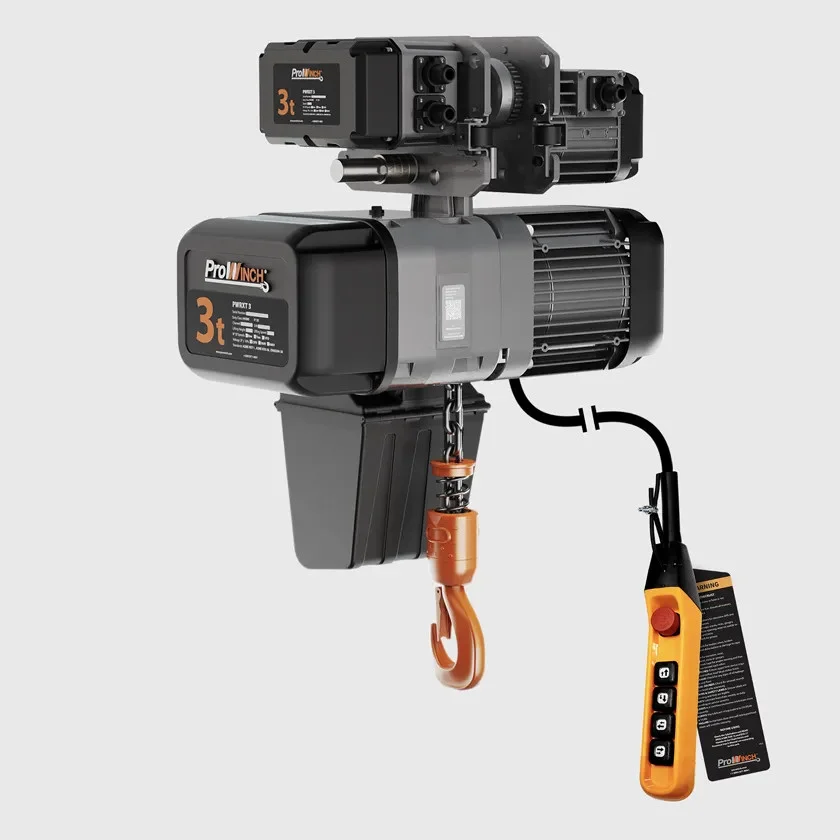3 ton Electric Chain Hoist w/ Power Trolley 2 Speed 208~240V / 440~480V 3ø 60HZ 30ft G100 Nickel Duty H4/M5 PWRXT3-H4-2S-2.4