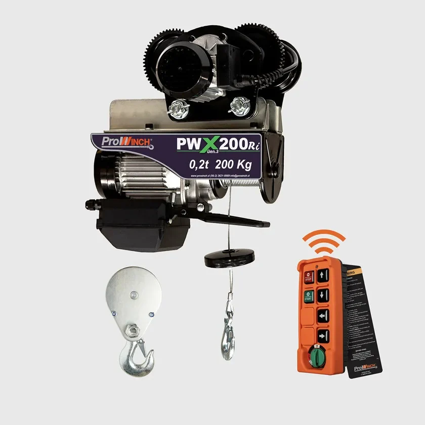 220 lb / 440 lb 220~24V Electric Rope Hoist w/trolley 60HZ w/ Emergency Stop H1 Duty Wireless PWX200Ri