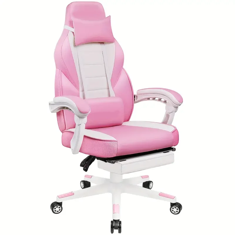 Video Game Chairs With Footrest, Big And Tall Gamer Chair For Adults, 400lb Capacity, Racing Style Computer Chair With Headrest And Lumbar Support Pink Color