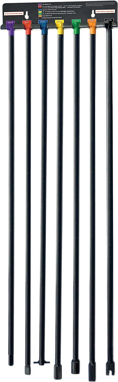 Spare Tire Retrieval Tool Kit for Mechanics, Lower/Raise Cradle-Suspended Tires, Flat, Pin, Hex, 12 MM Square, Slotted, and ⅜ Inch Square Heads Fit Variety of Vehicles