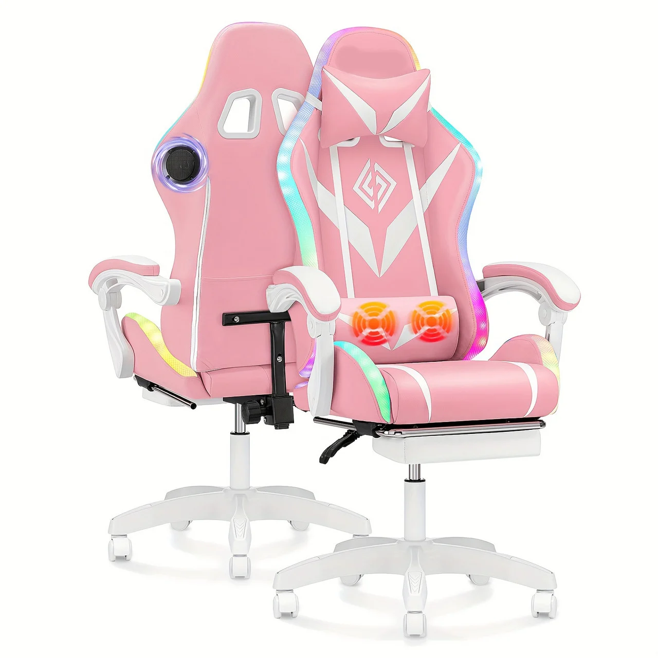 Gaming Chair with Speakers and Massage Big and Tall Video Game Chair for 450lbs with Footrest Reclining High Back Computer Desk Chair with RGB Led Light, White + Pink Color