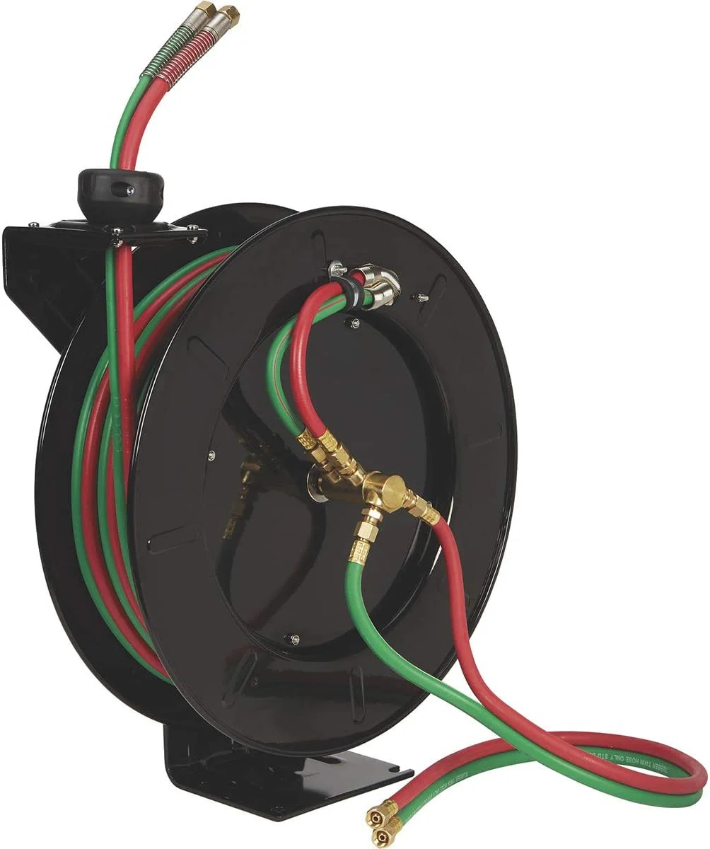 Auto-Rewind Retractable 50' feet x 1/4" Inch Hose ID Twin Welding Hose Reel Welding Hose Reel with Hose