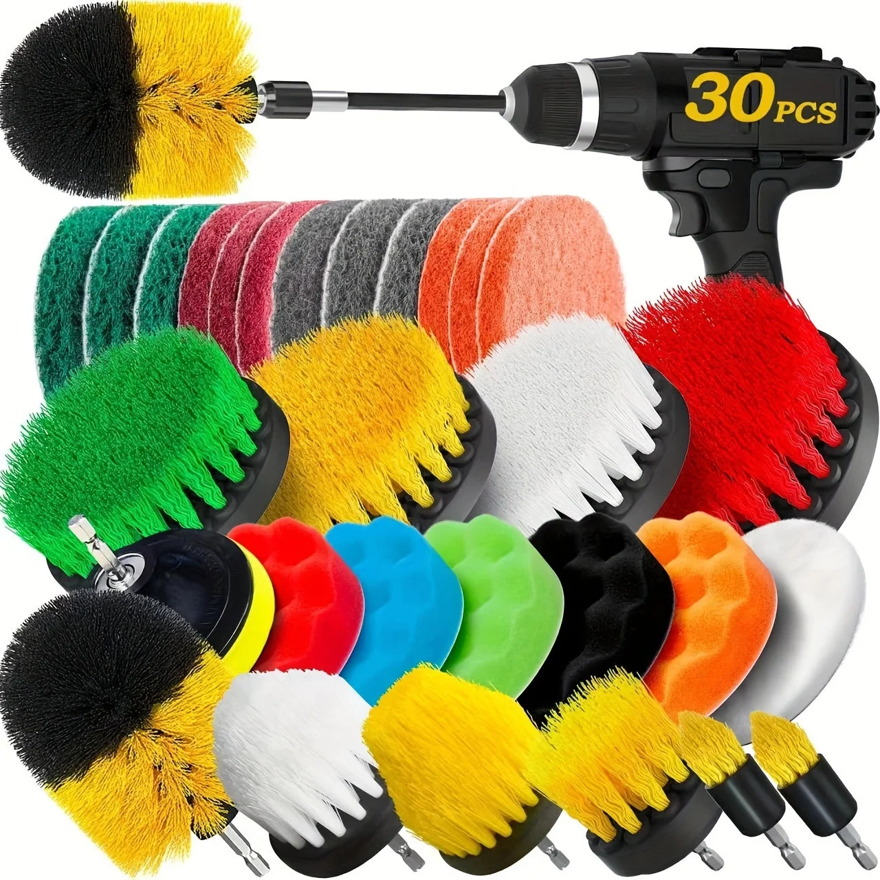 30pcs Drill Brush Attachments Set, Power Scrubber with Extension, Car Polishing Kit, Scrub Pads & Sponges, Buffing Pads, Cleaning Supplies for Shower Scrubbing, Tile and Grout Brushes Yellow