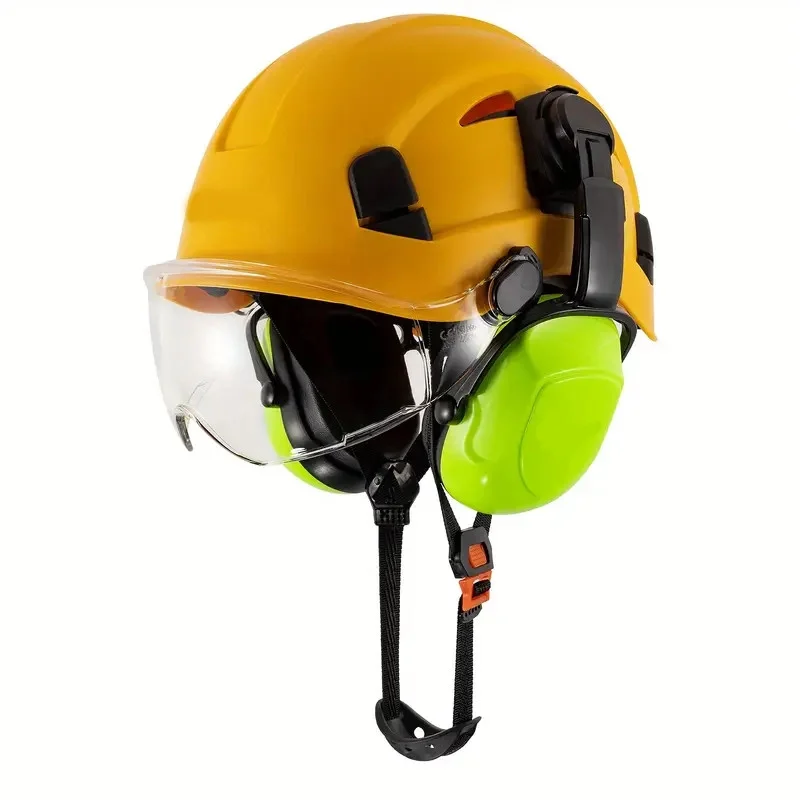 Construction Work Safety Helmet With Goggles And Noise-reducing Industrial Protective Soundproof Earmuffs Hard Hat, (hard Hat+earmuffs+goggles) Set Or (hard Hat+earmuffs) Set Yellow color with T suit