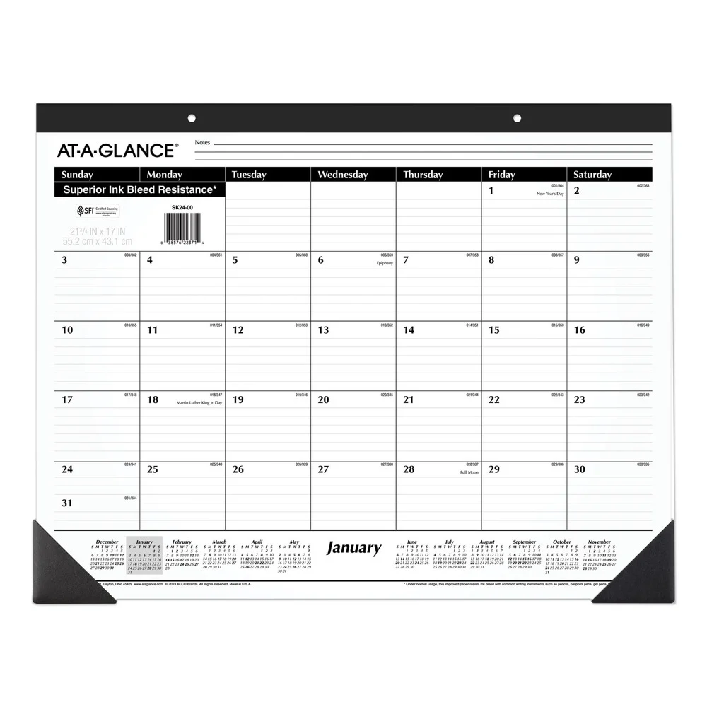 AT-A-GLANCE 12 Month: Jan 2026 to Dec 2026 22 in. x 17 in. Ruled Desk Pad - White Sheets, Black Binding/Black Corners