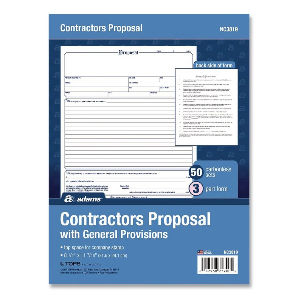 Adams 8.5 x 11.44 Three-Part Carbonless Contractor Proposal Form (50/Pack)
