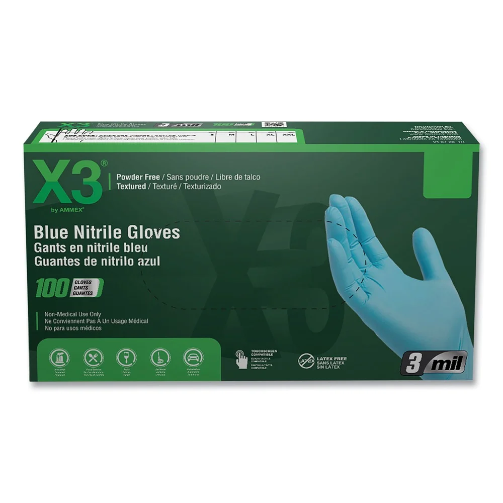Ammex 3 mil Industrial Powder-Free Nitrile Gloves - Large, Blue (1000/Carton)