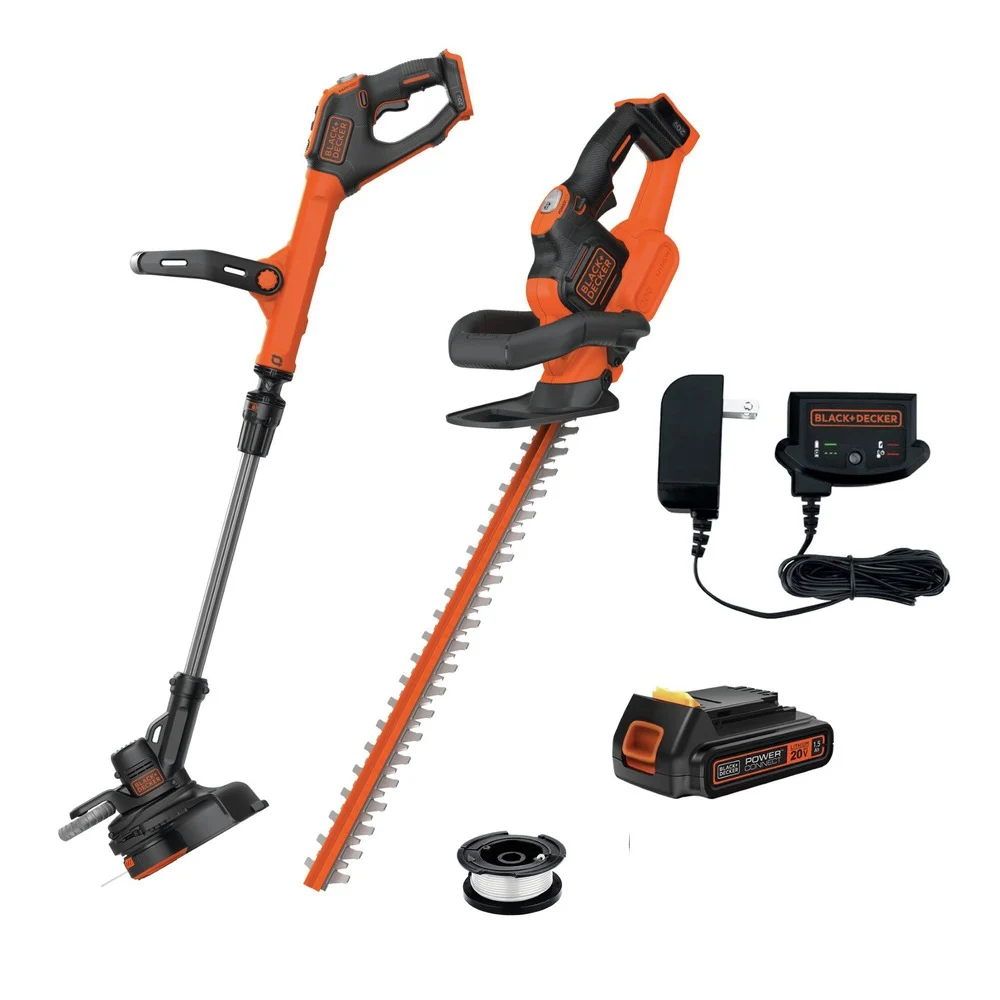 Black & Decker 20V MAX POWERCUT 22 in. Cordless Hedge Trimmer Kit and 20V MAX EASYFEED 12 in. Cordless String Trimmer/Edger Kit with 3 Batteries (1.5 Ah) Bundle - LHT321LSTE525-BNDL