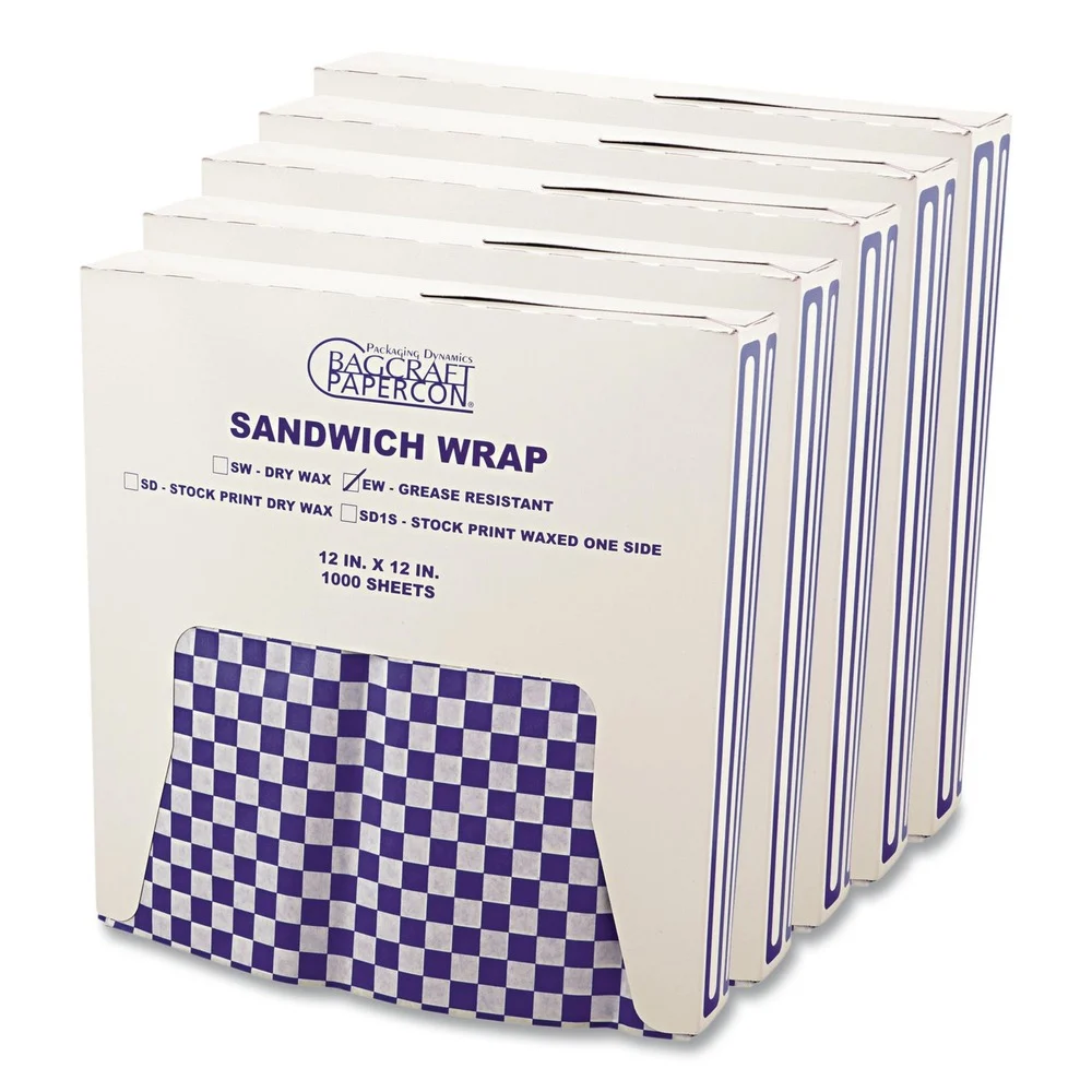 Bagcraft P057850 12 in. x 12 in. Grease-Resistant Paper Wraps and Liners - Blue Check (5000/Carton)