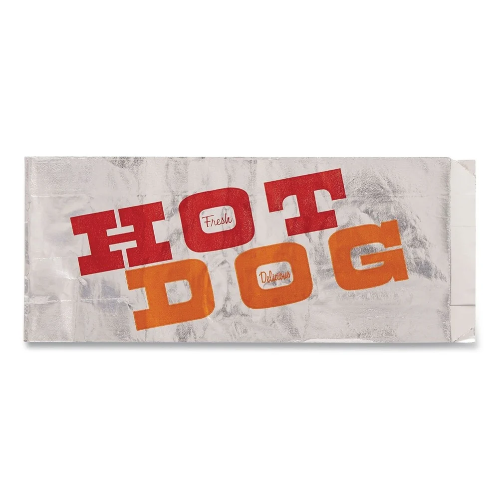Bagcraft "Hot Dog" Label 3.5 in. x 8.5 in. Foil Single-Serve Bags - Silver (1000/Carton)