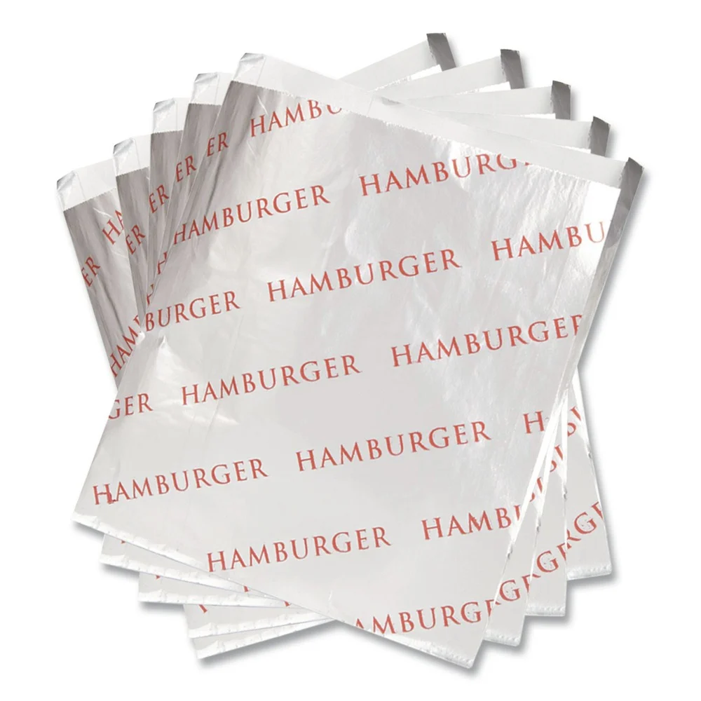 Bagcraft 6 in. x 6.5 in. Foil Single-Serve Bags - Silver, Hamburger Design (1000/Carton)