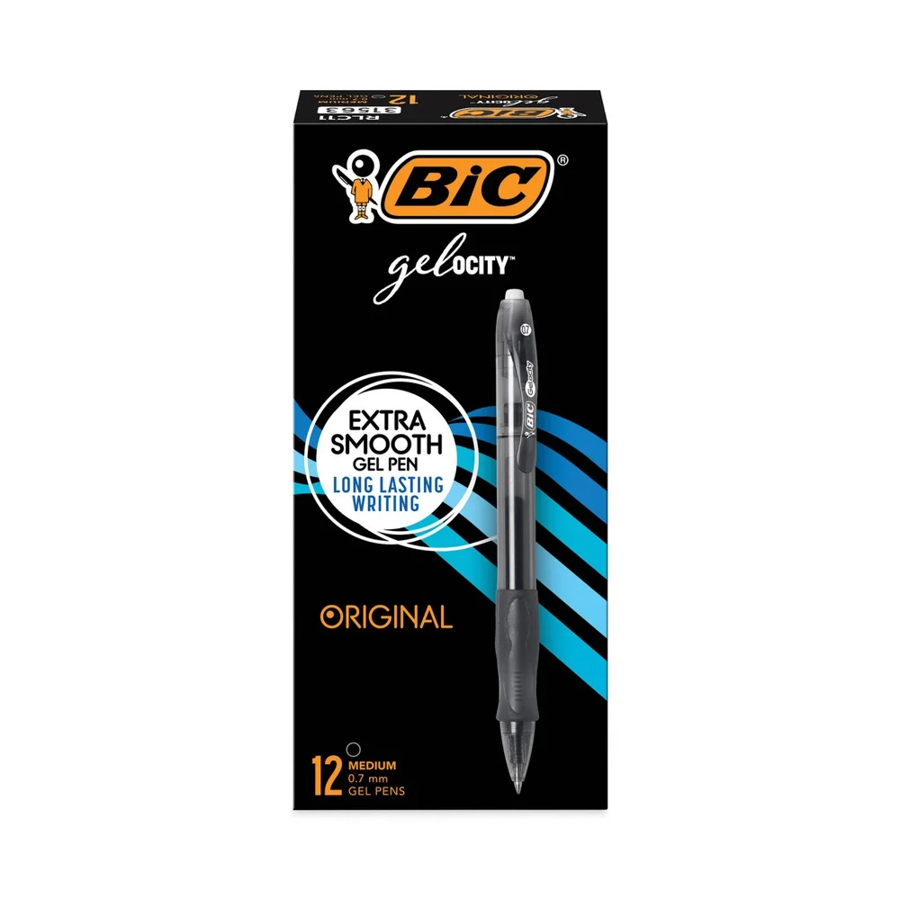BIC RLC11 BLK Gel-ocity 0.7 mm Medium Gel Pen - Black Ink/Translucent Black Barrel (1-Dozen)