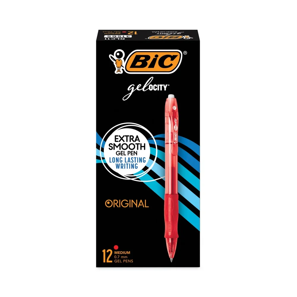 BIC Medium 0.7 mm Gel-ocity Retractable Gel Pen - Red Ink, Translucent Red Barrel (1-Dozen)