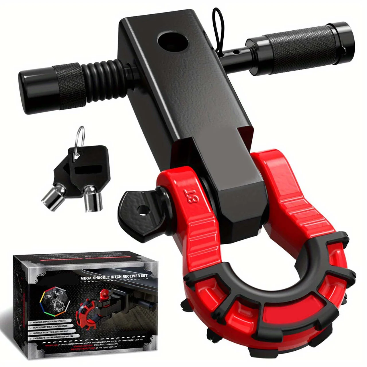 Shackle Hitch Receiver 2 Inch With 3/4" Mega D Ring Shackle And 5/8" Trailer Hitch Lock Pin, 68, 000 Lbs Break Strength Heavy Duty Receiver Kit For Vehicle Recovery black & Red Color