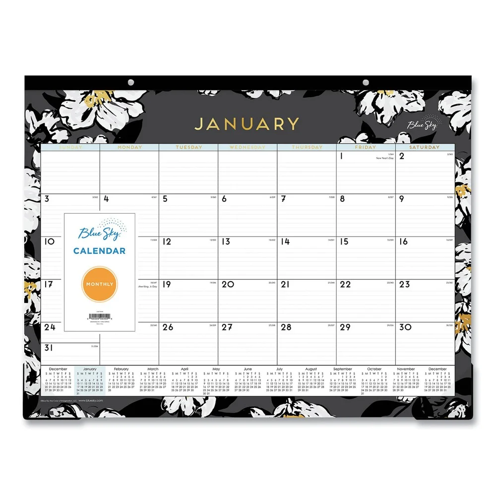 Blue Sky 22 in. x 17 in. 12-Month (Jan-Dec 2026) Baccara Dark Desk Pad - White/Black/Gold Sheets/Black Binding