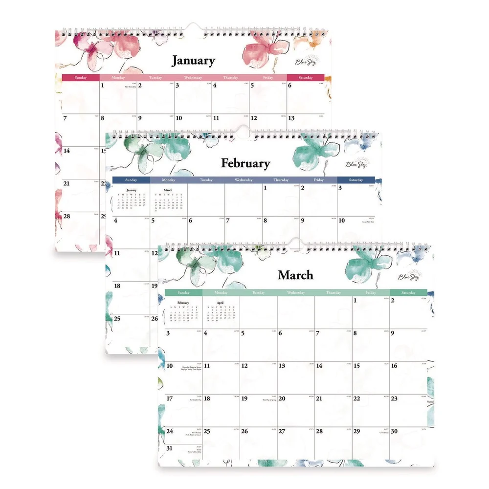 Blue Sky 15 in. x 12 in. 12-Month (Jan to Dec): 2026 Lindley Monthly Wall Calendar - Floral Artwork, White/Pink/Red Sheets