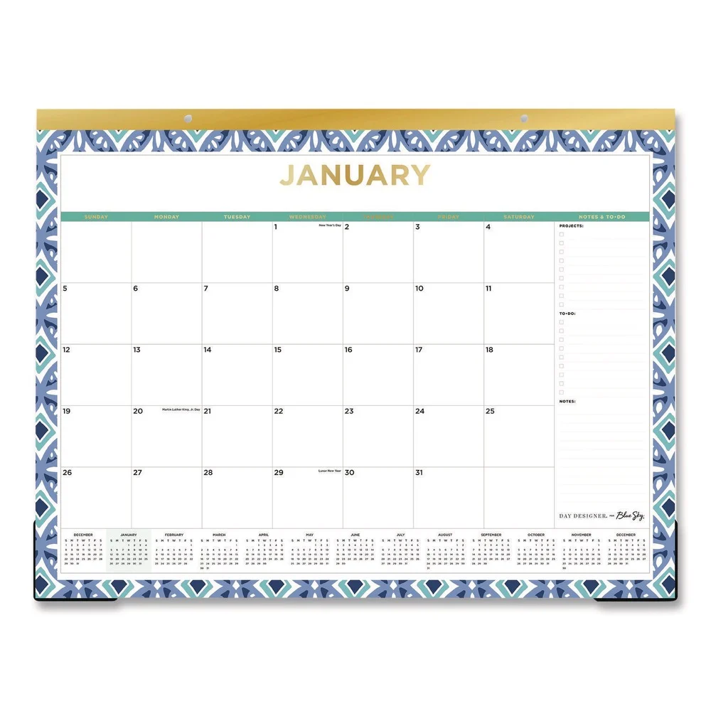 Blue Sky 22 in. x 17 in. 12-Month (Jan to Dec): 2026 Tile Monthly Desk Pad Calendar - Geometric Artwork, White/Blue/Green Sheets