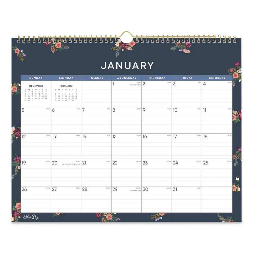 Blue Sky 15 in. x 12 in. 12-Month (Jan to Dec): 2026 Ashlyn Monthly Wall Calendar - Floral Artwork, White/Blue/Pink Sheets