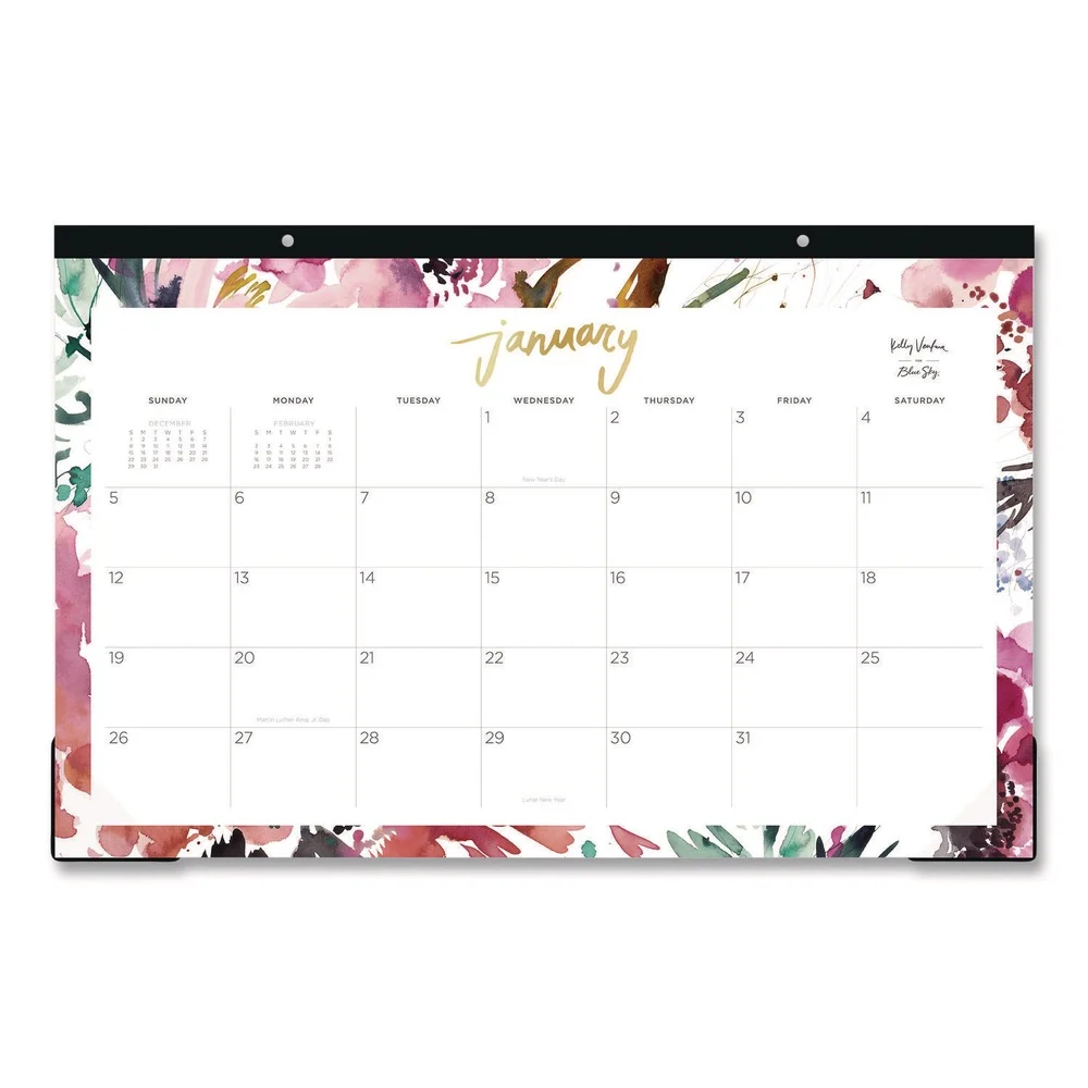 Blue Sky 17 in. x 11 in. 12-Month (Jan to Dec): 2026 Kelly Ventura Magenta Bloom Desk Pad Calendar - Floral Artwork, White/Multicolor Sheets