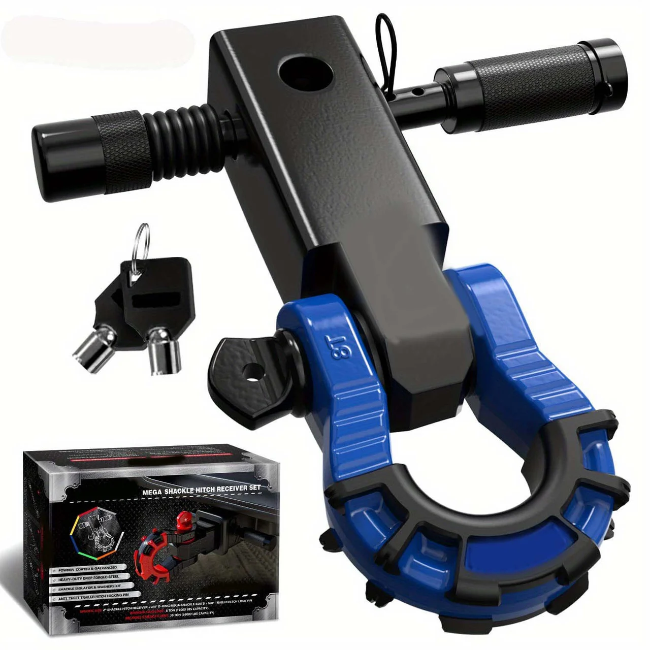 Shackle Hitch Receiver 2 Inch With 3/4" Mega D Ring Shackle And 5/8" Trailer Hitch Lock Pin, 68, 000 Lbs Break Strength Heavy Duty Receiver Kit For Vehicle Recovery black & Blue Color