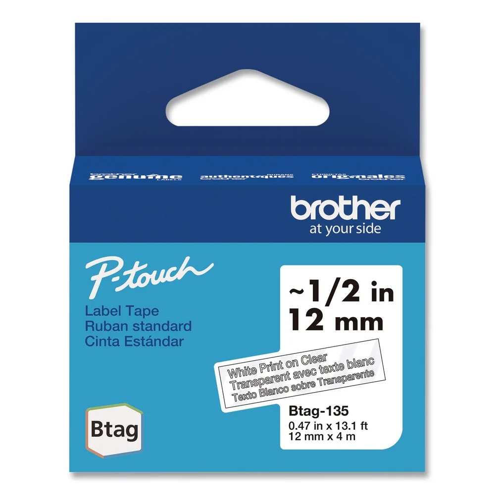 Brother P-Touch 0.47 in. x 13.1 ft. Genuine P-Touch BTAG Label Tapes - White on Clear