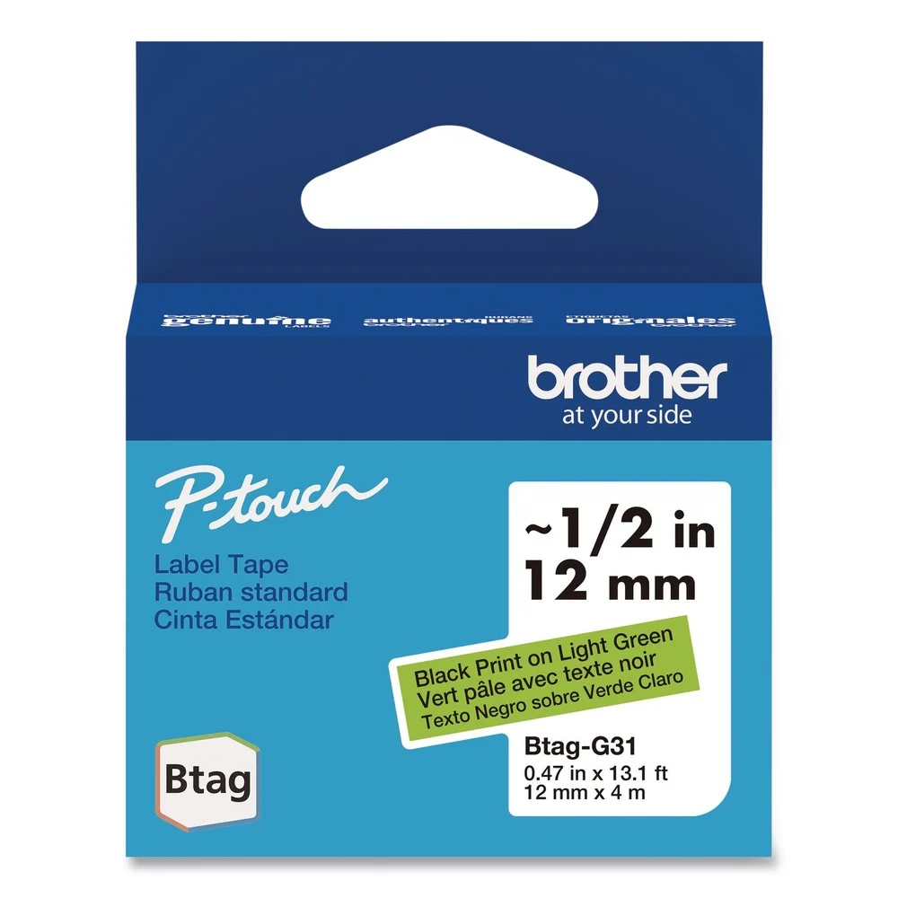 Brother P-Touch 0.47 in. x 13.1 ft. Genuine P-Touch BTAG Label Tapes - Black on Light Green