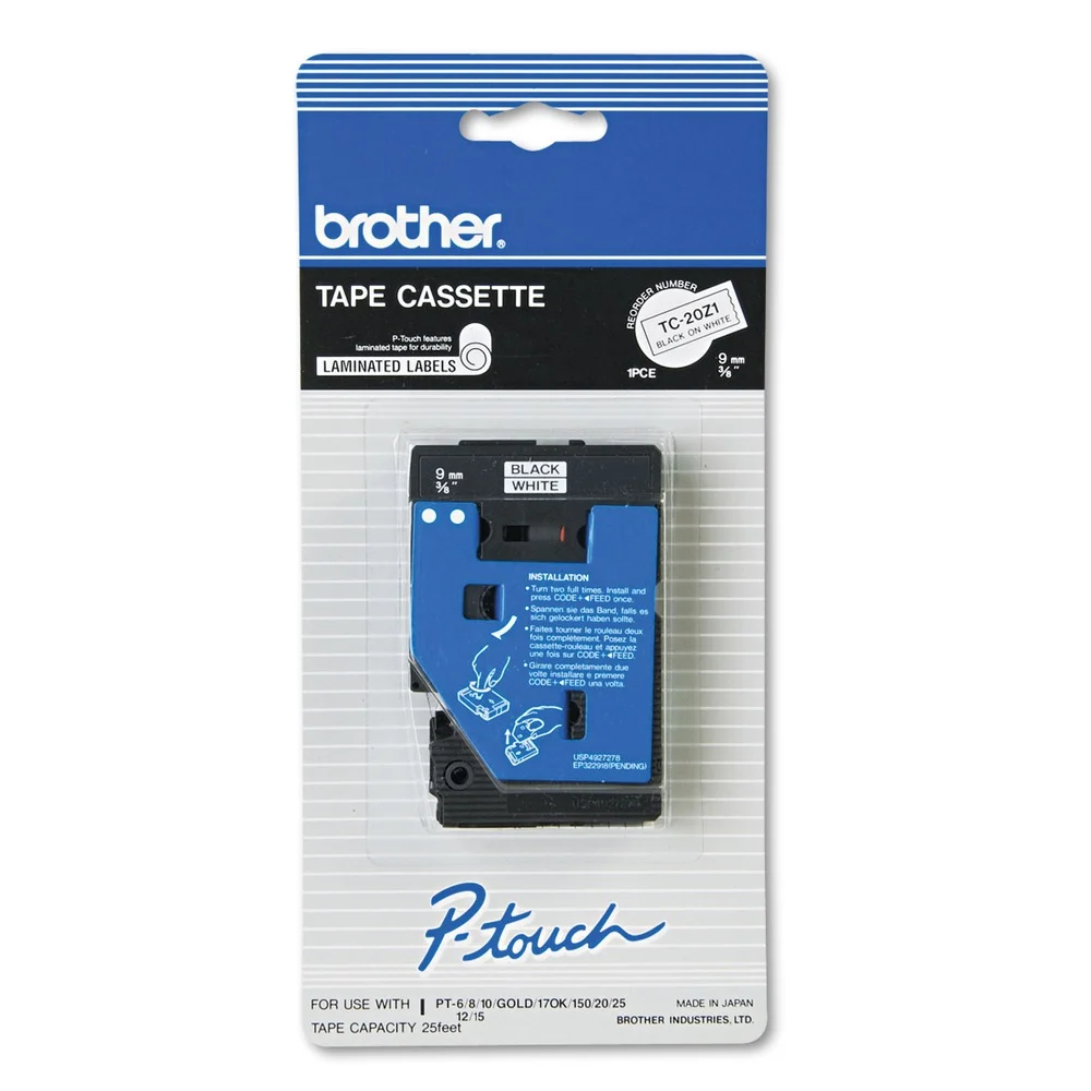 Brother P-Touch TC 0.37 in. x 25.2 ft. Tape Cartridge for P-Touch Labelers - Black on White