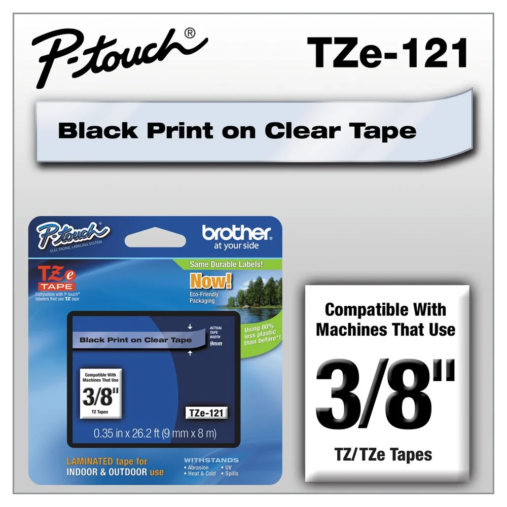 Brother P-Touch 0.35 in. x 26.2 ft. TZe Standard Adhesive Laminated Labeling Tape - Black on Clear
