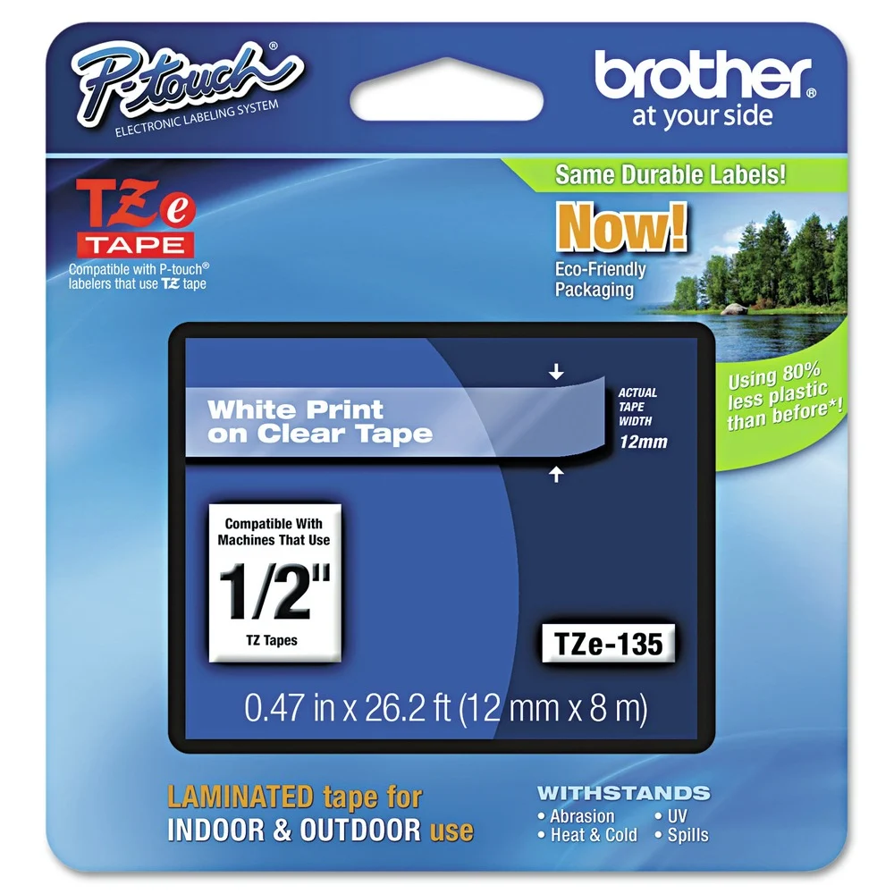 Brother P-Touch TZe 0.47 in. x 26.2 ft. Standard Adhesive Laminated Labeling Tape - White on Clear