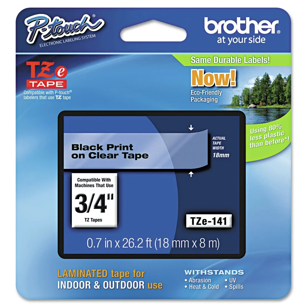 Brother P-Touch TZe 0.7 in. x 26.2 ft. Standard Adhesive Laminated Labeling Tape - Black on Clear