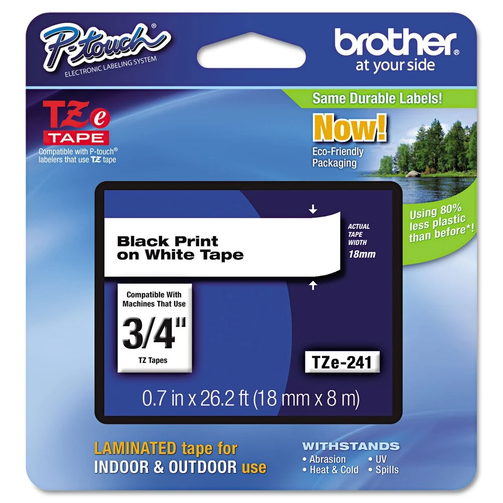 Brother P-Touch 0.7 in. x 26.2 ft. TZE Standard Adhesive Laminated Labeling Tape - Black on White