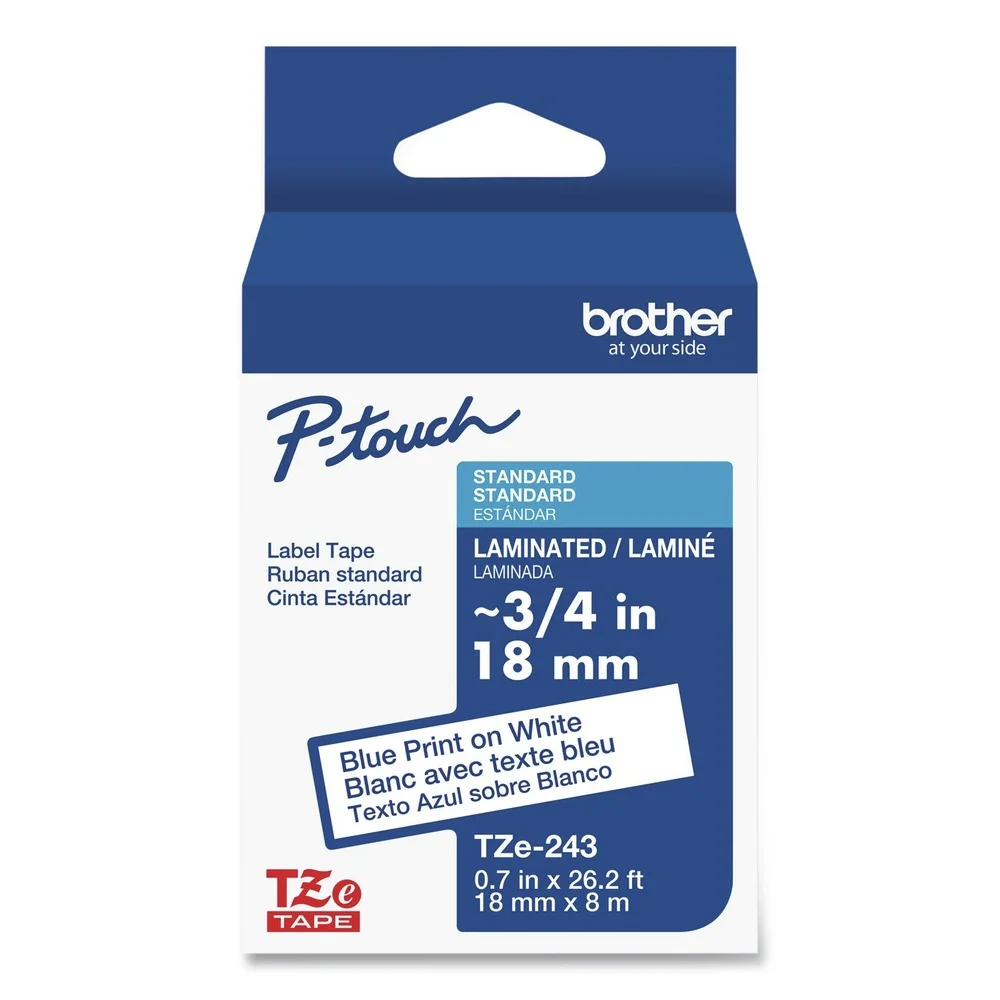 Brother P-Touch 0.7 in. x 26.2 ft. TZe Standard Adhesive Laminated Labeling Tape - Blue on White