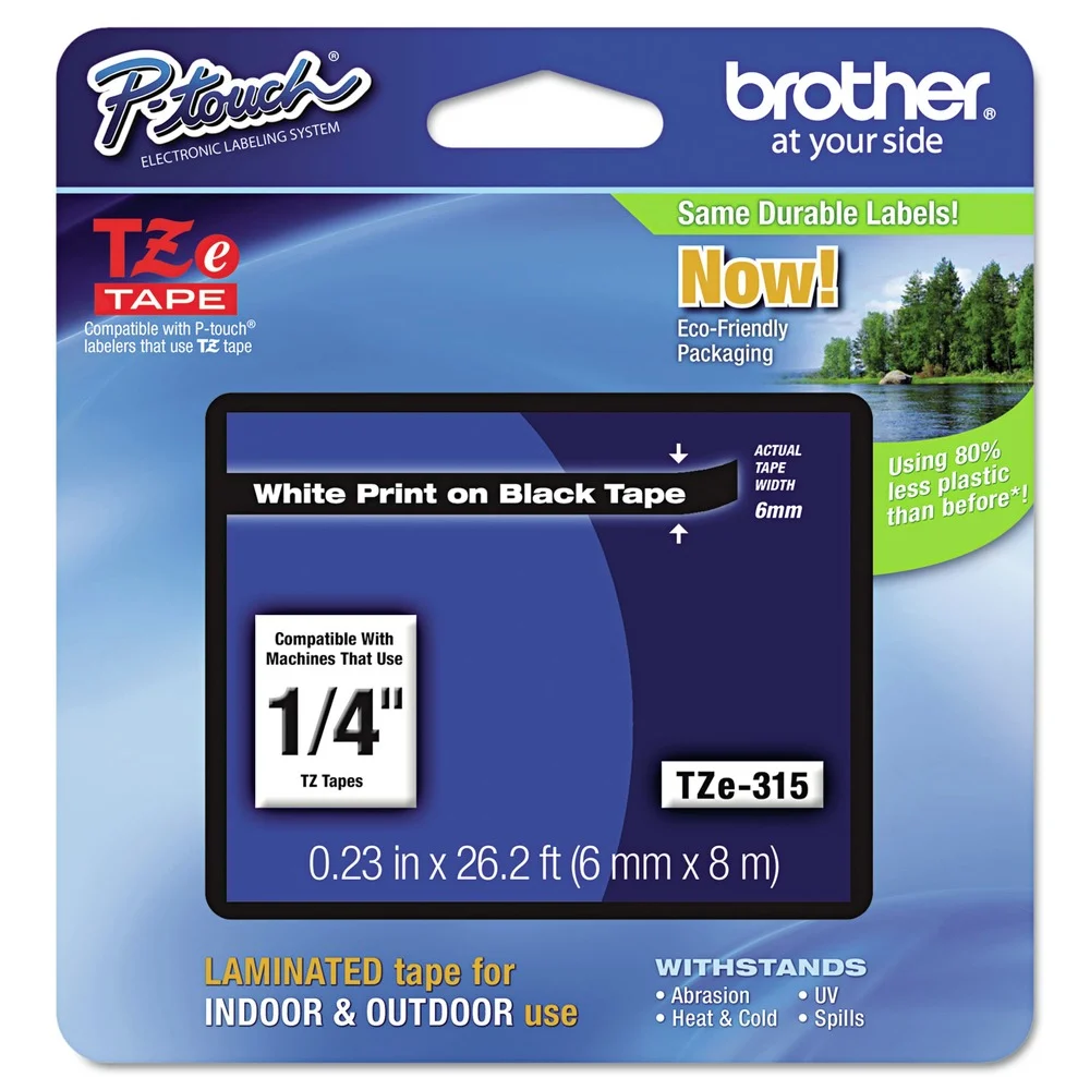 Brother P-Touch 0.23 in. x 26.2 ft. TZe Standard Adhesive Laminated Labeling Tape - White on Black