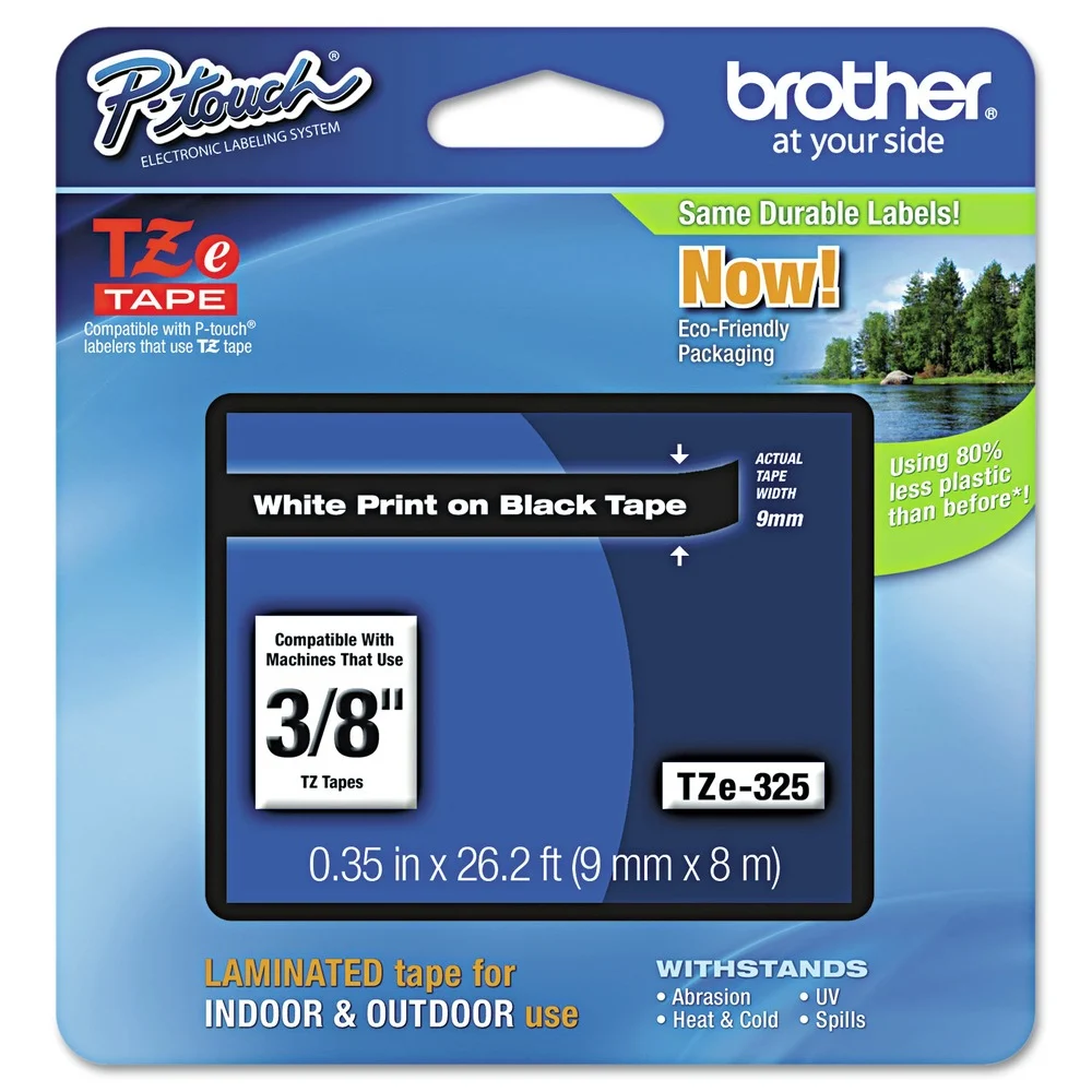 Brother P-Touch 0.35 in. x 26.2 ft. TZe Standard Adhesive Laminated Labeling Tape - White on Black