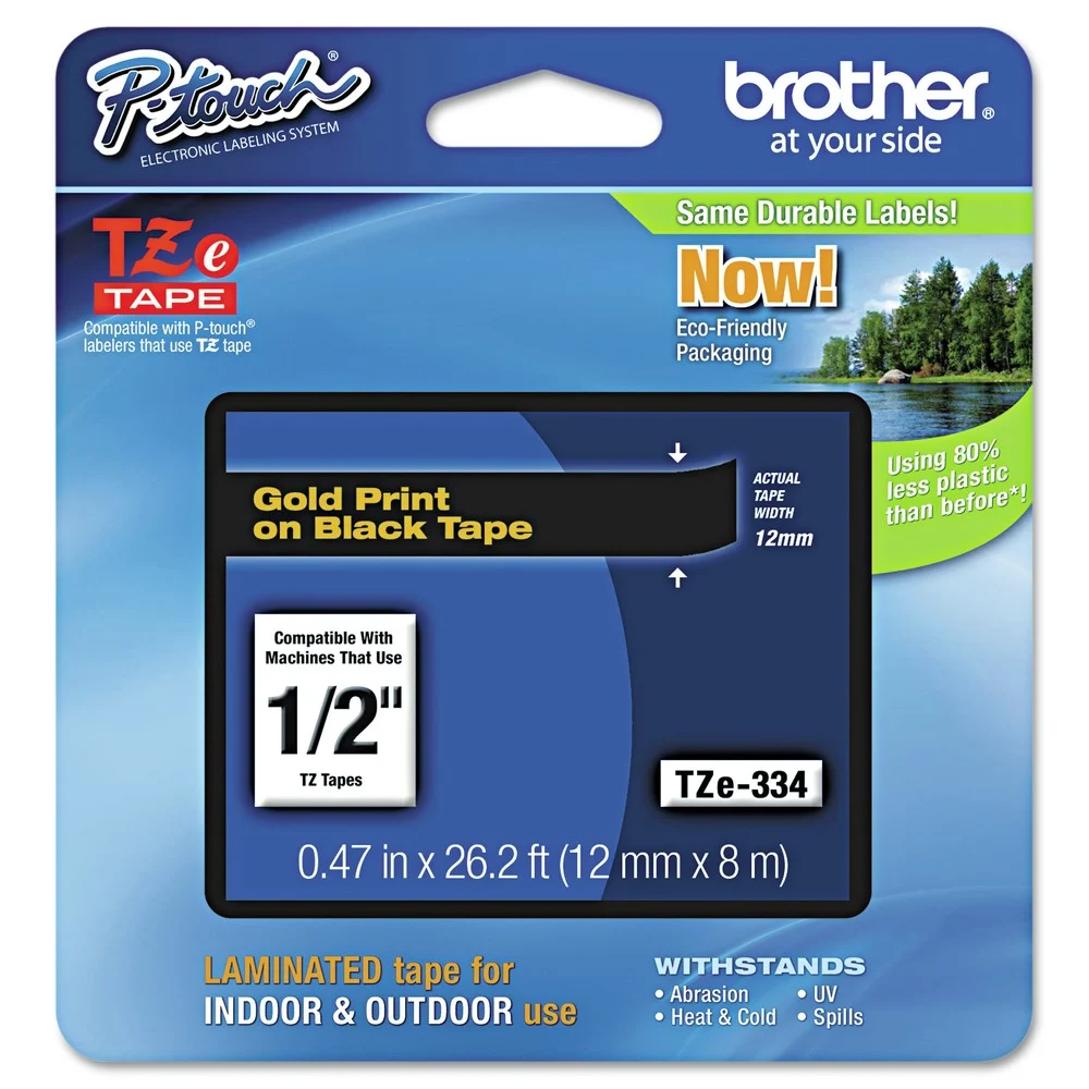 Brother P-Touch 0.47 in. x 26.2 ft. TZe Standard Adhesive Laminated Labeling Tape - Gold on Black