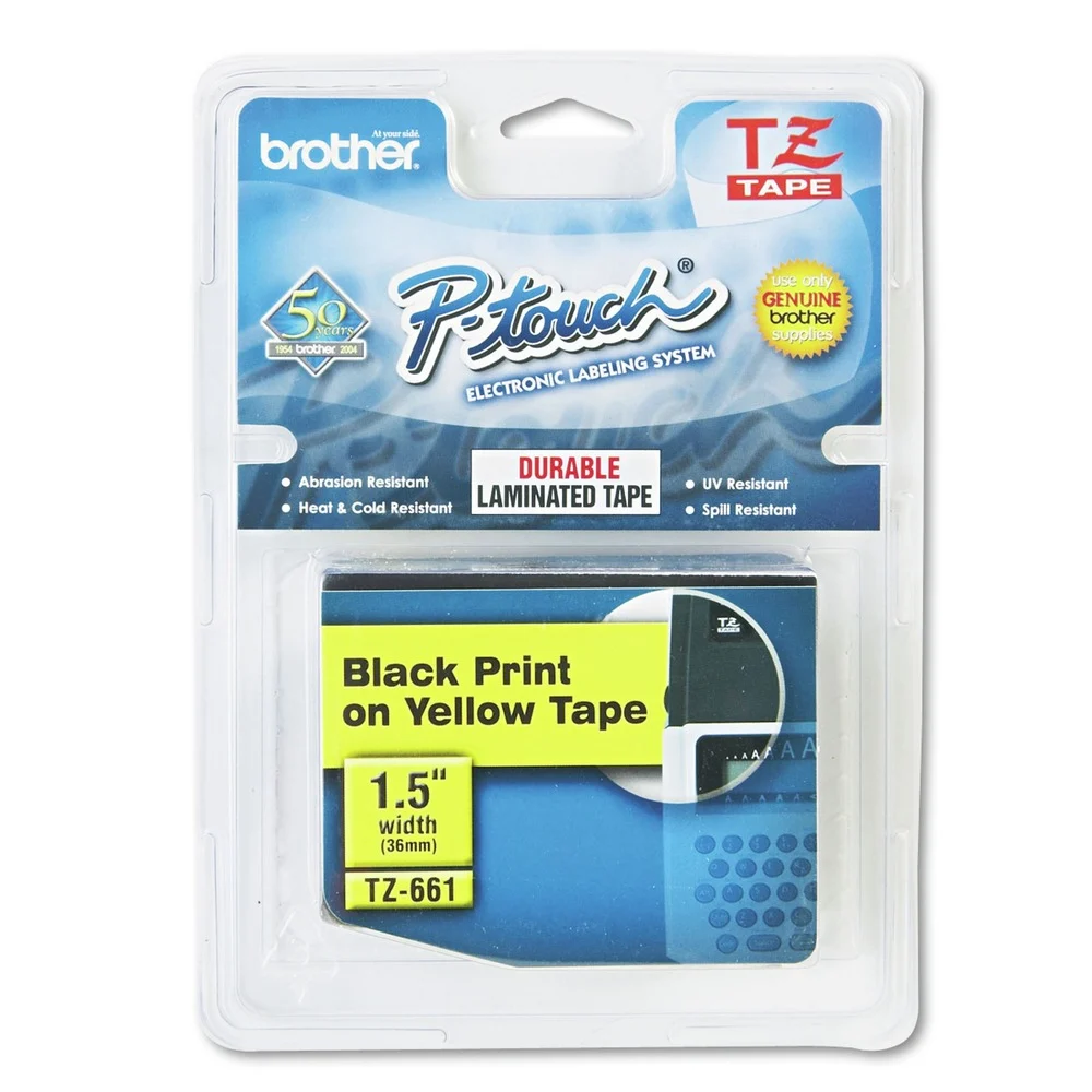 Brother P-Touch 1.4 in. x 26.2 ft. TZe Standard Adhesive Laminated Labeling Tape - Black on Yellow