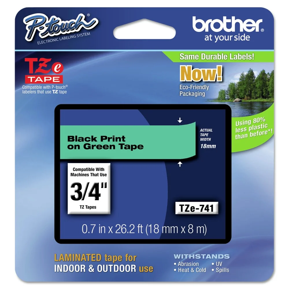 Brother P-Touch 0.7 in. x 26.2 ft. TZe Standard Adhesive Laminated Labeling Tape - Black on Green