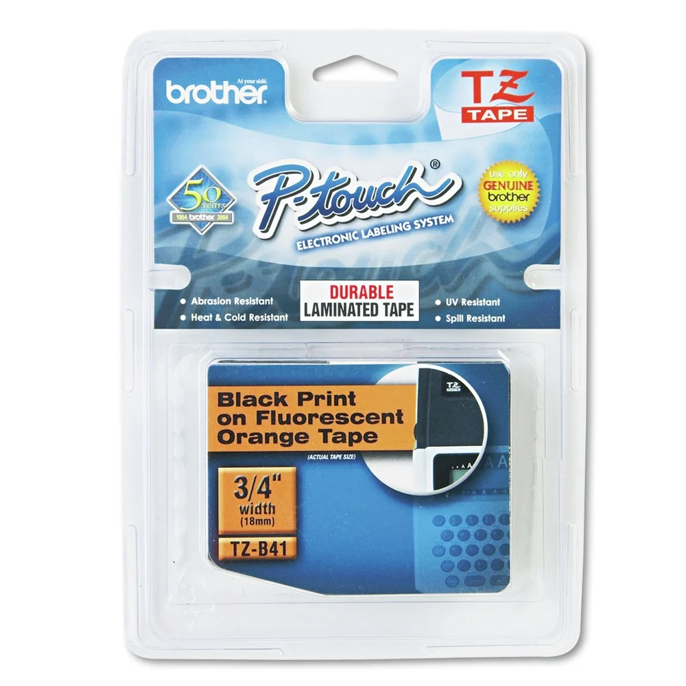 Brother P-Touch 0.7 in. x 16.4 ft. TZ Standard Adhesive Laminated Labeling Tape - Black on Fluorescent Orange