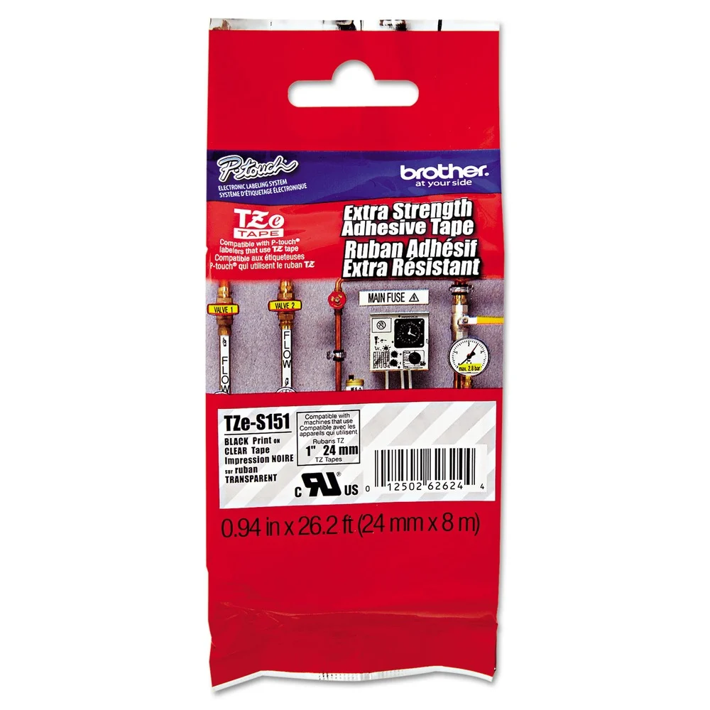 Brother P-Touch 0.94 in. x 26.2 ft. TZe Standard Adhesive Laminated Labeling Tape - Black on Clear