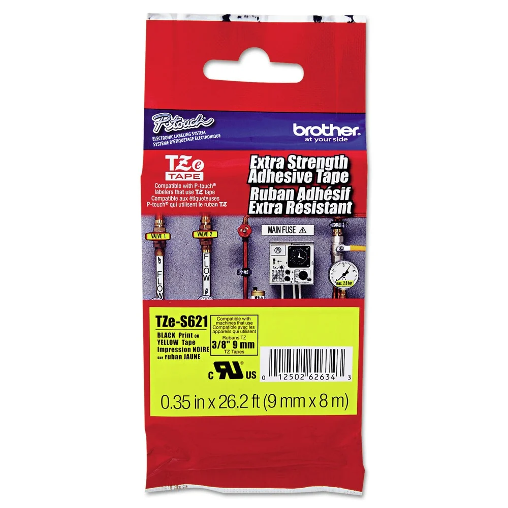 Brother P-Touch 0.35 in. x 26.2 ft. TZe Laminated Removable Label Tapes - Black on Yellow