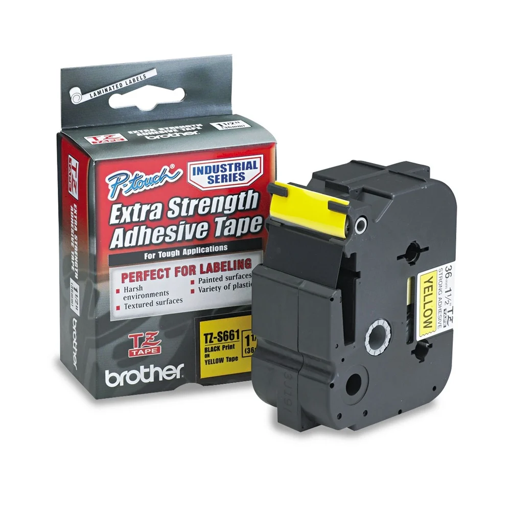 Brother P-Touch TZES661 1.4 in. x 26.2 ft. TZ Extra-Strength Adhesive Laminated Labeling Tape - Black on Yellow